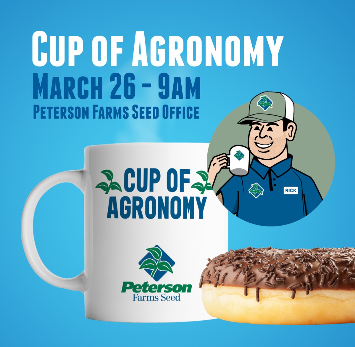 PFSeed's tweet image. CUP OF AGRONOMY | ... is right here at our home base TOMORROW at 9 AM!

Get your coffee &amp;amp; donut fix with our agronomy team to hear more ways we're here to help you Prosper (pun intended) this growing season. @PFSAgronomyRick @NolanBerg @KelseyPFS