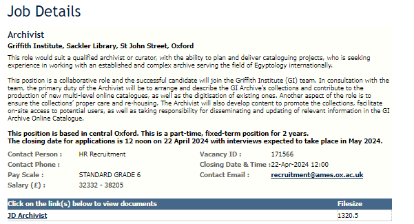 🖐️ We're hiring! We're looking for a part-time archivist to join us the Griffith Institute! For more details, visit jobs.ox.ac.uk then 'Search All Jobs' &amp; click 'Asian and Middle Eastern Studies' from the dropdown menu. Please share! The deadline to apply is 22nd April.