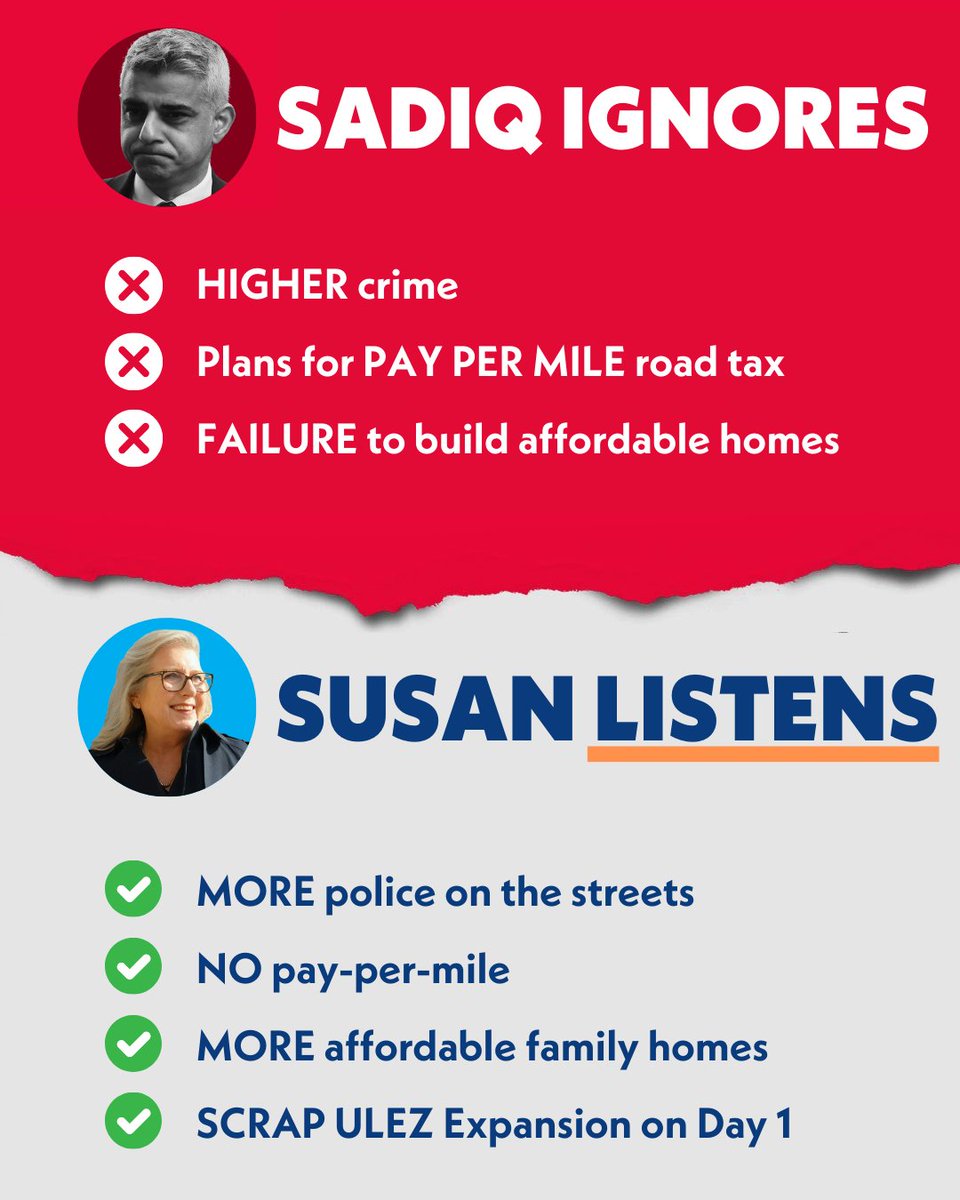 Sadiq Khan has been arrogantly ignoring Londoners for eight years now. It's time for a Mayor who listens. Vote for Susan Hall on 2nd May.