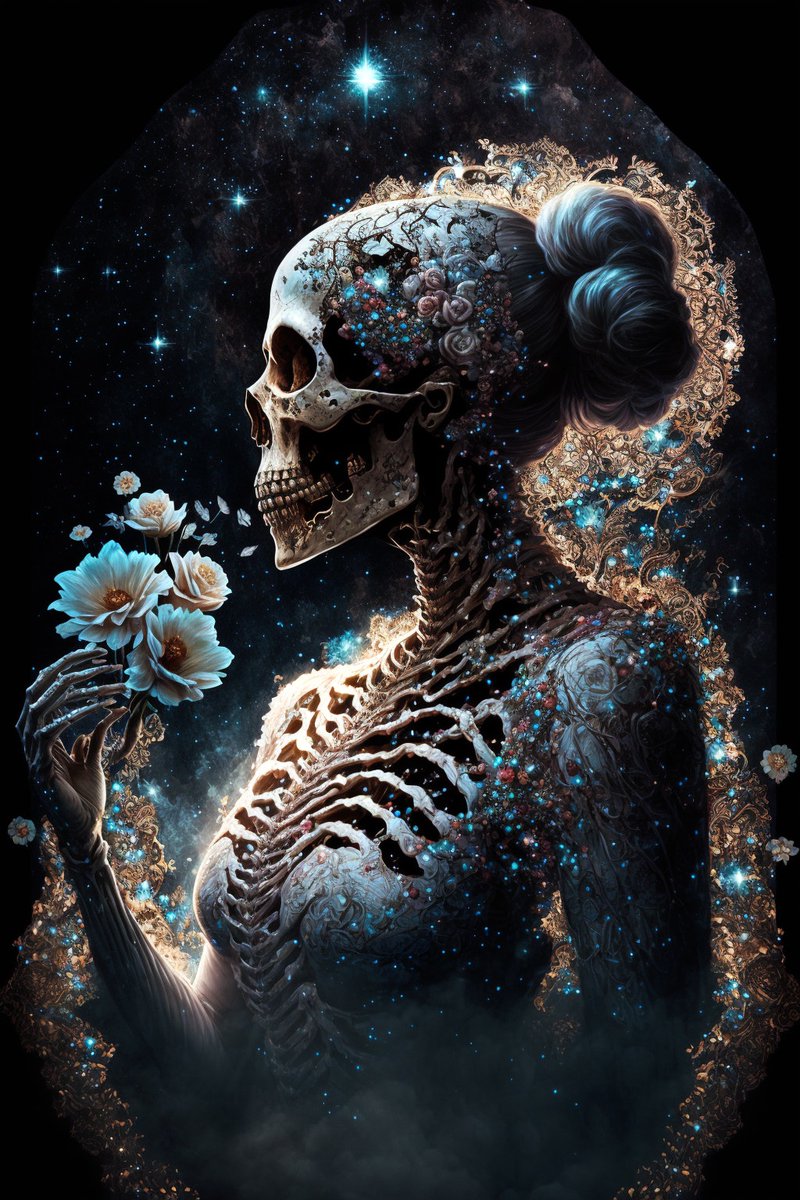 Skeleton Woman: 'The Beauty of Eternal Life' A beautiful skeleton woman in a night sky, floating among a galaxy of stars, symbolizes the beauty and eternal nature of life. ▪️ 0.15 ETH ▪️ Link 👇 🔗foundation.app/@-CryptoArtist… #foundation #NFT #NFTs @jawniest #NFTCollections