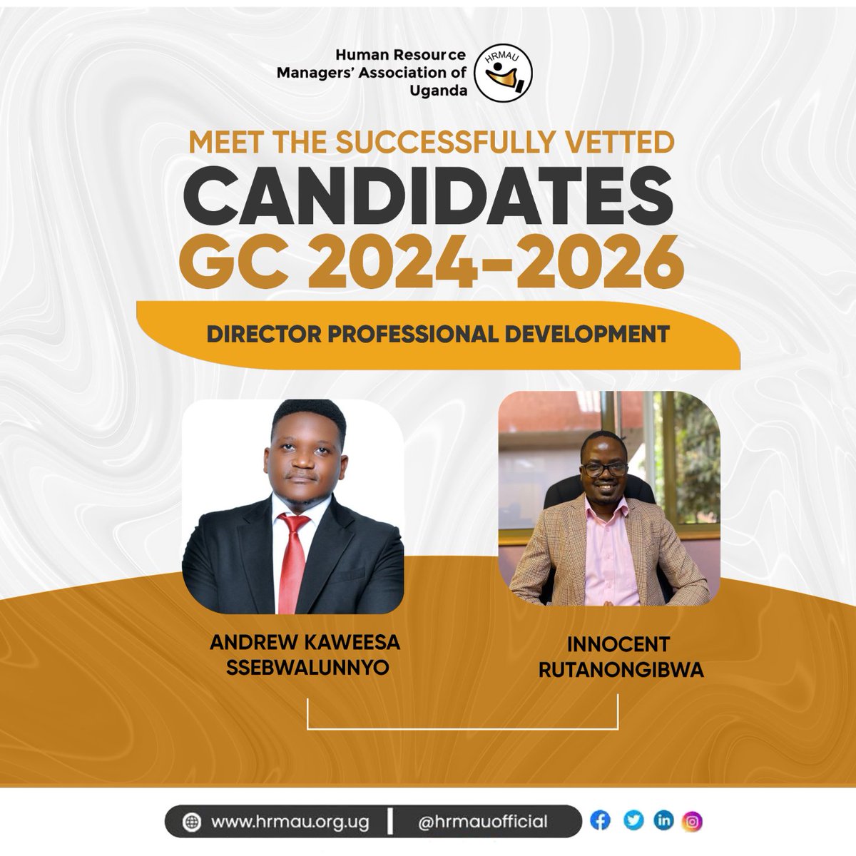 Who are you backing for the position of Director of Professional Development at the forthcoming #HrmauAGM? The Golf Course Hotel in Kampala is the place to be this Thursday, March 28th, 2024. Please remind a fellow member to register here bit.ly/49VJsR6 and prepare ahead