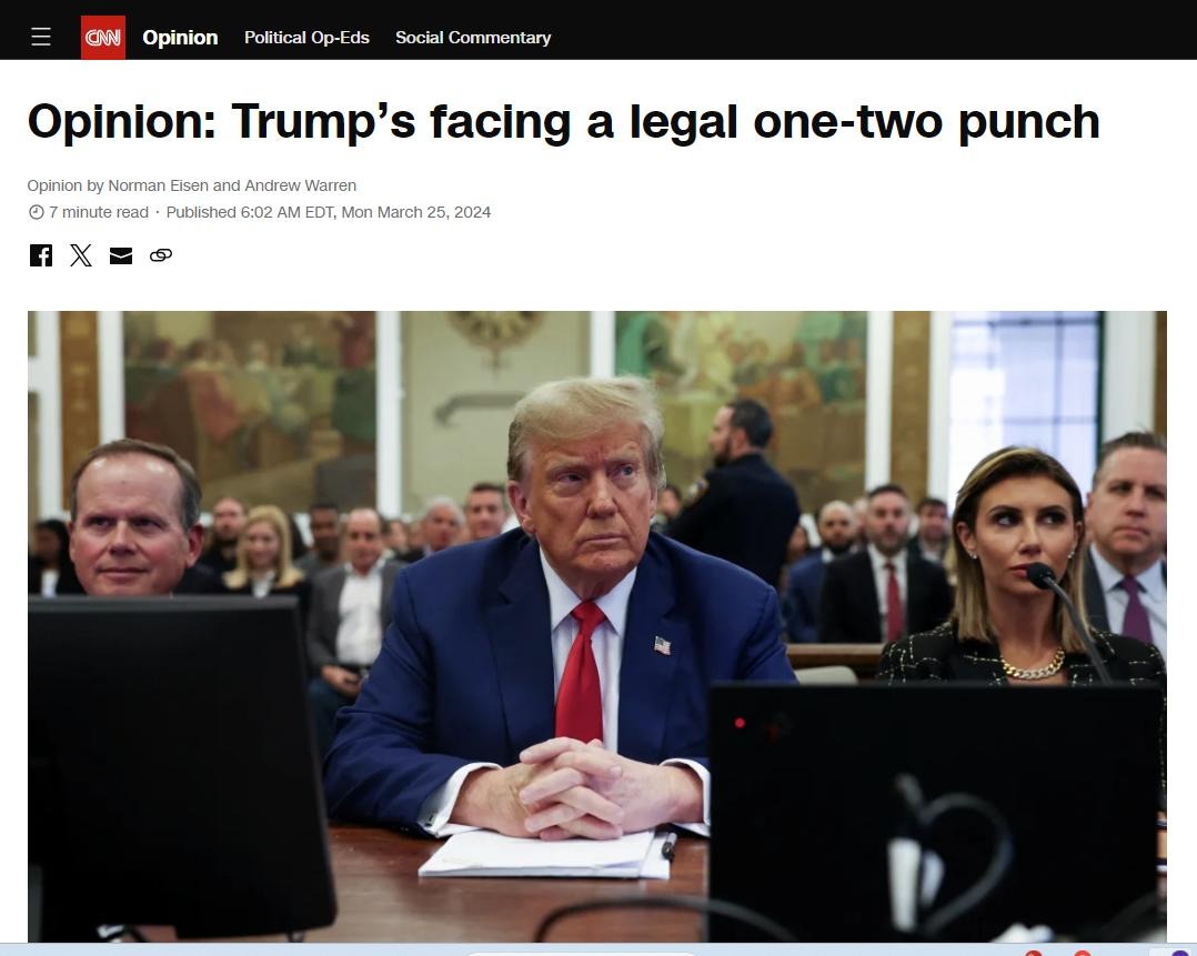 Trump is facing a 1-2 legal accountability punch in NYC this week The criminal trial date will be confirmed—expect an April start—& NYAG is preparing to seize assets after civil trial We explain these knockout punches @CNNOpinion w/ @AndrewWarrenFL cnn.com/2024/03/25/opi…