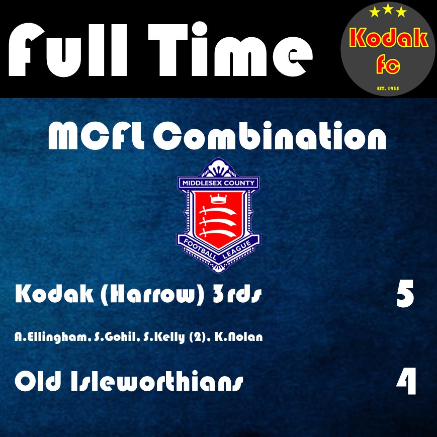 RESULTS

Kodak 1sts 2-1 Camden and Islington
Portobello 3-0 Kodak 2nds
Kodak 3rds 5-4 Old Isleworthians