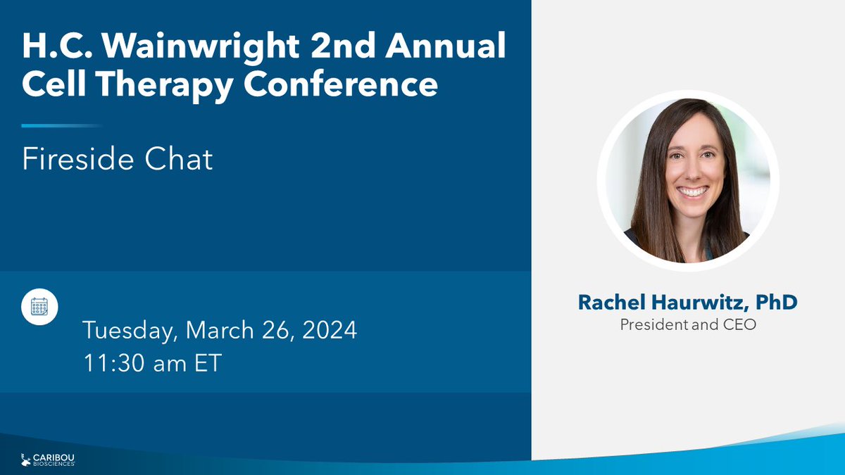 Tomorrow at the H.C. Wainwright 2nd Annual Cell Therapy Conference, join $CRBU CEO Rachel Haurwitz, PhD, for a fireside chat at 11:30 am ET. The webcast of the fireside chat can be found on our website here: bit.ly/3E0bqxd #celltherapy #CRISPR