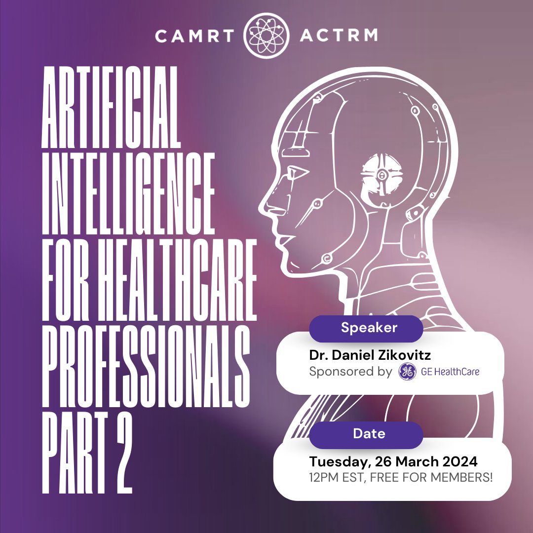 Last chance to register for AI for Healthcare Professionals: Part 2 (Mar 26, 12 EST). sponsored by GE HealthCare, join Dr. Daniel Zikovitz as he continue his analysis of recent advancements in AI and how MRTs and clinicians are using it! Register here: ow.ly/Z65Q50R12V9