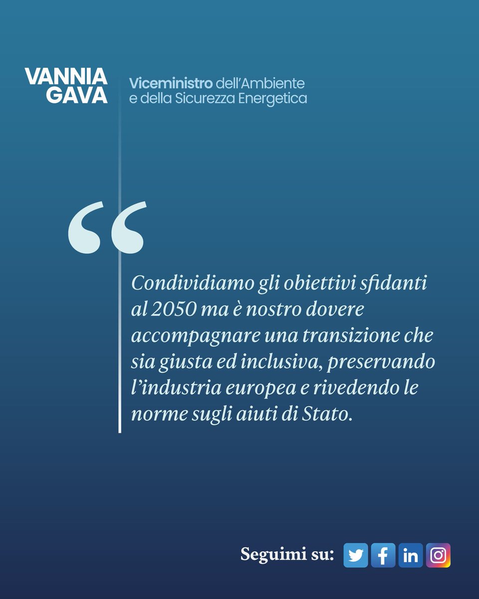 Oggi al Consiglio #Ambiente ho ribadito che l’🇮🇹 condivide gli obiettivi sfidanti al 2050 ma è nostro dovere accompagnare una #transizione che sia giusta ed inclusiva, preservando la nostra industria e rivedendo le norme Ue sugli aiuti di Stato. @MASE_IT @ItalyinEU