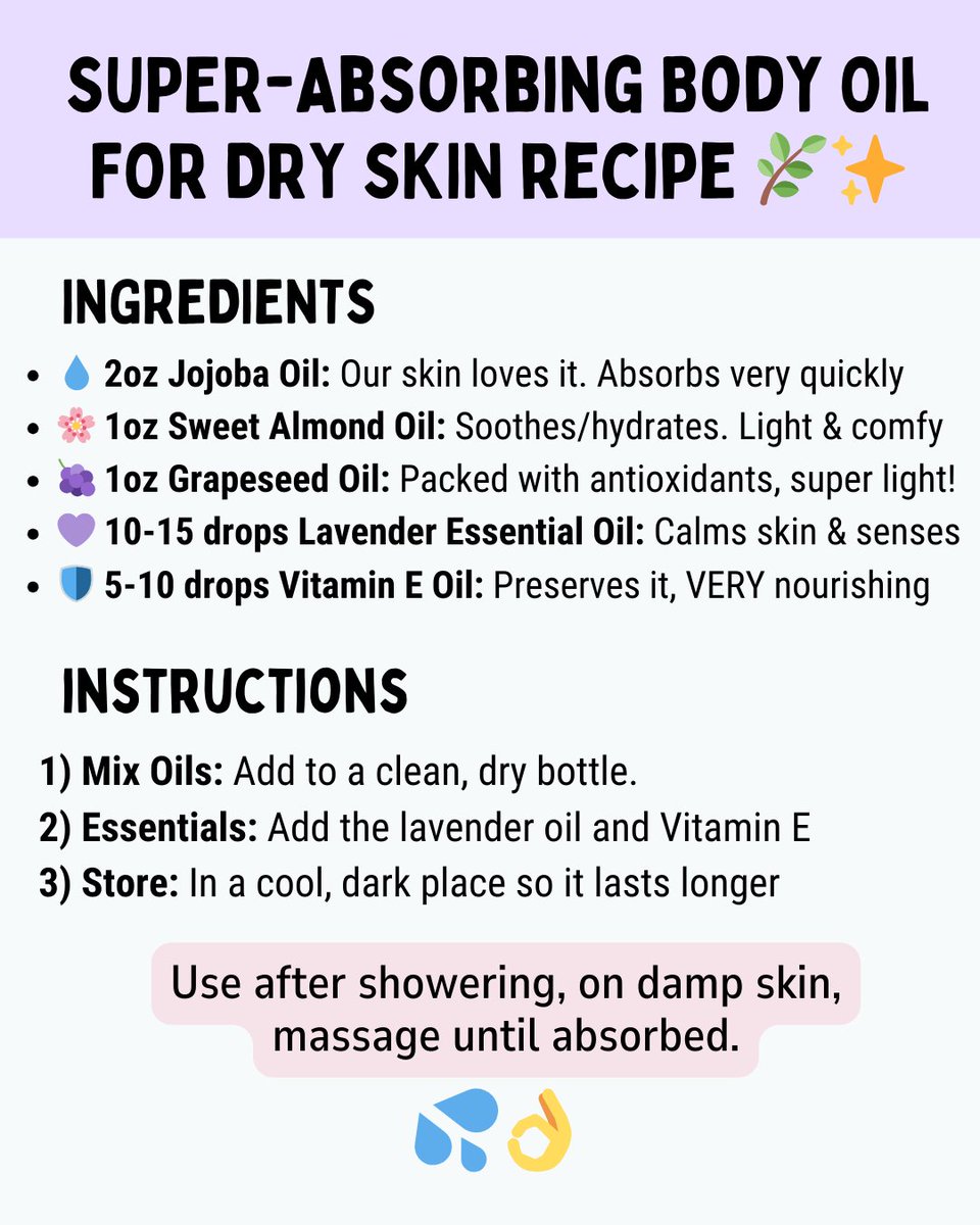 Why pay more for less??🤦‍♀️ Ditch OVERPRICED body oils and creams (I did YEARS ago). They are full of unnecessary (and harmful) additives. The recipe below is EASY to make, EFFECTIVE, NON-GREASY, VERY AFFORDABLE. Let me know your thoughts. 🌿💦 #diybodyoil #diyskincare #diybeauty