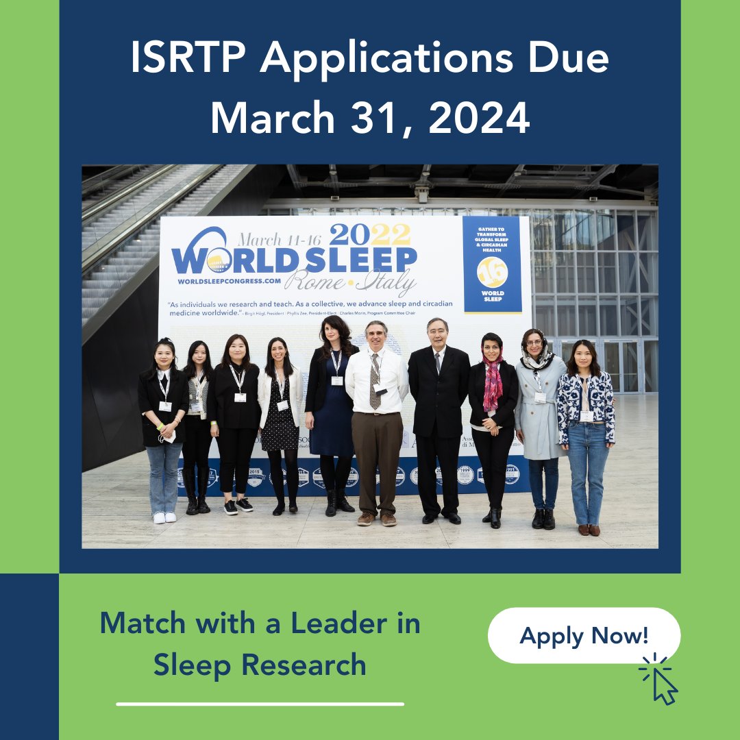 The ISRTP is a one-year mentorship program that pairs young and early- to mid-career sleep researchers with accomplished leaders in the field. Applications for the upcoming program are due Sunday, March 31. Learn more and apply: worldsleepsociety.org/isrtp/mentee-o…