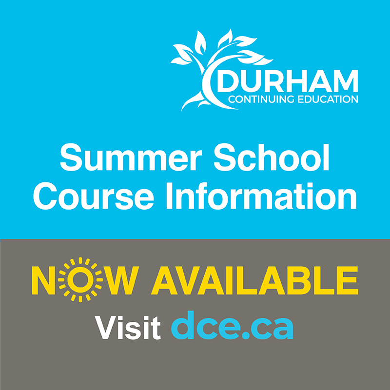 Summer school course information is now available at DCE.ca.

Durham Continuing Education offers a variety of credit and non-credit programs for students from Grades 6 to 12.

Program dates and more are available at: bit.ly/3lvZ7TB
#IgniteLearning