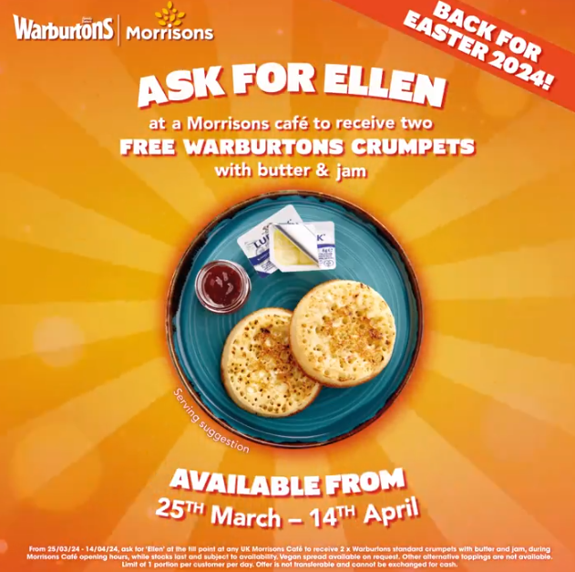 Ask for Ellen!
Morrisons through Warburtons are offering 2x Free Crumpets with Butter and Jam, available to everyone at Morrisons Café’s. No questions asked.
This promotion will be taking place every day until 14th April.
T's &amp; C's Below:
warburtons.co.uk/social-media-t…