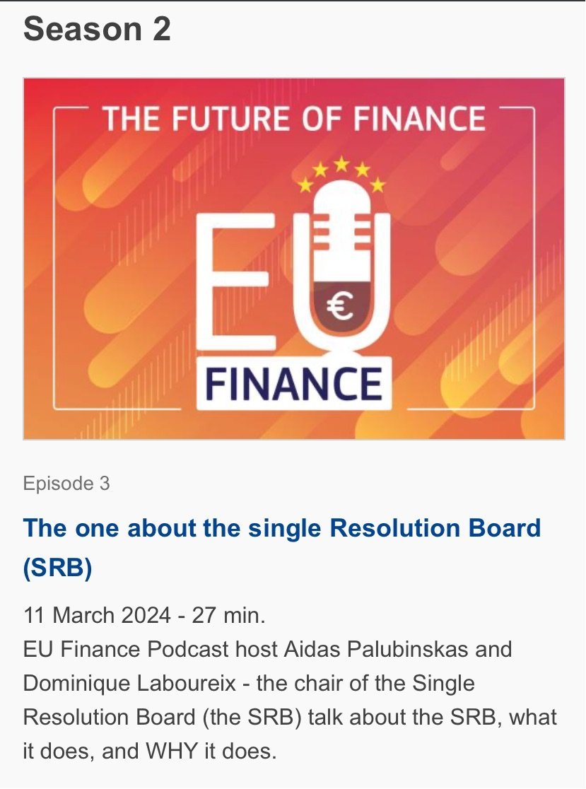 🎙️Podcast alert!
Listen now to our latest episode with Dominique Laboureix, Chair of the Single Resolution Board, to learn more about the @EU_SRB and its crucial role in keeping Europe's financial system stable.

🎧 europa.eu/!cKrGDm 

#BankingUnion