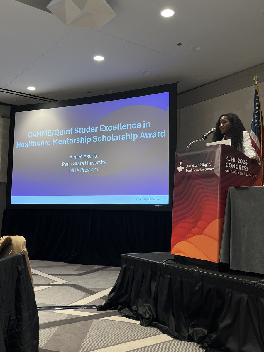 Congratulations to a 2024 CAHME/@quint_studer Excellence in Healthcare Mentorship Scholarship Award recipient Aimee Asiedua Ohene Asante from @penn_state University, MHA program. Congratulations, Aimee! #CAHMERippleMakers