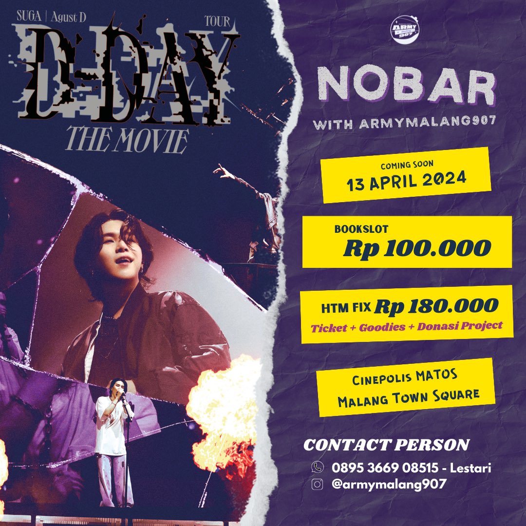 Armymalang907's tweet photo. 𝗡𝗼𝗯𝗮𝗿 DDAY THE MOVIE
with army malang @Armymalang907 

🗓️ Sabtu, 13 April 2023
⏰ Sore - To Be Announced
🏢 Cinepolis, MATOS
💰Bookslot Rp 100.000 / orang
- Pelunasan : Rp 80.000
Pelunasan lewat grup khusus nobar

RSVP NOBAR DDAY
https://t.co/YVJMSkb4ip

SEE U BESTIE ~ 🖤 https://t.co/dOnx1HuVsC