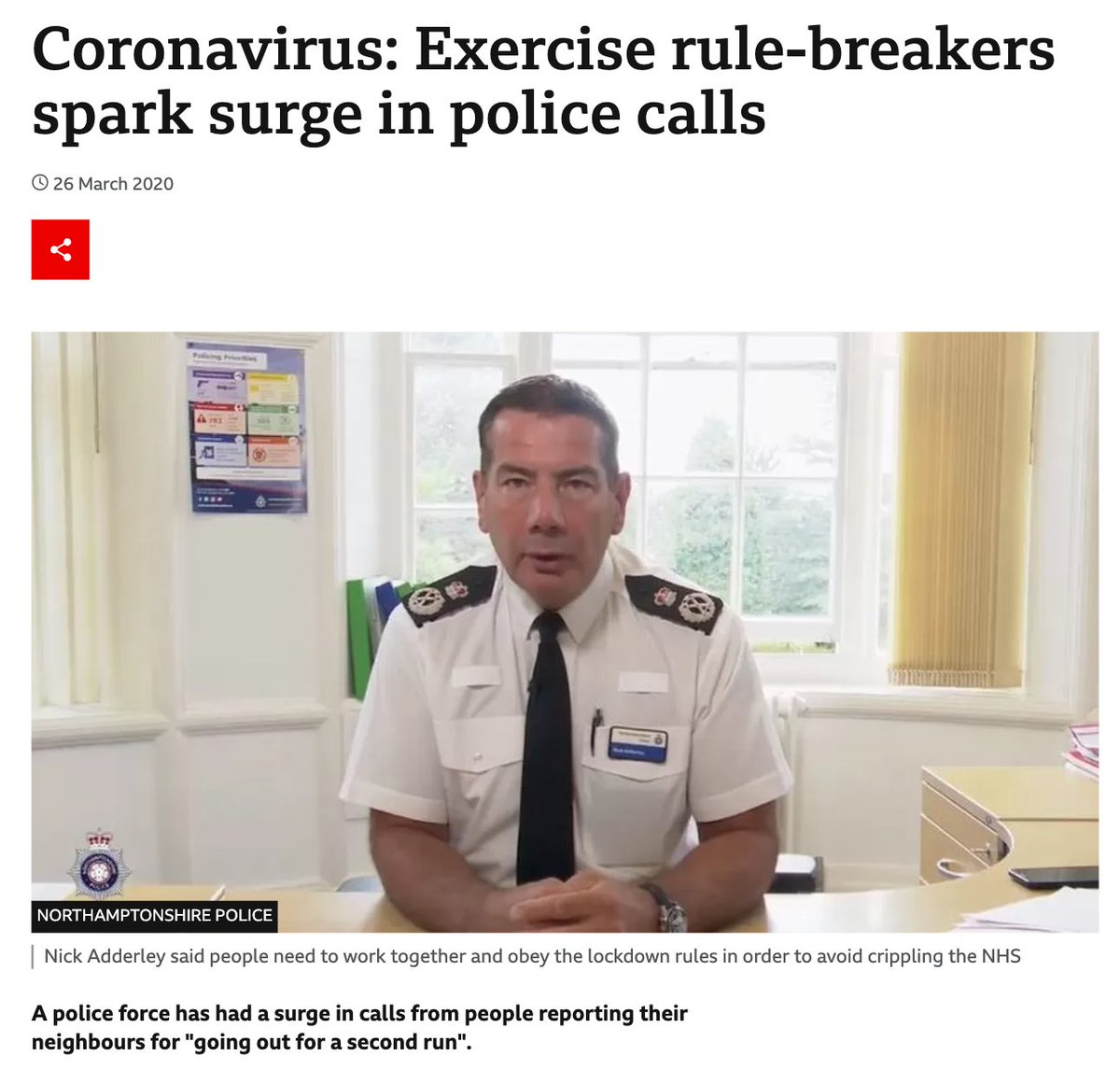 Just four years ago. Important to remember, so that it never happens again. 'A police force has had a surge in calls from people reporting their neighbours for 'going out for a second run'.' Second runs should have been encouraged, not banned.