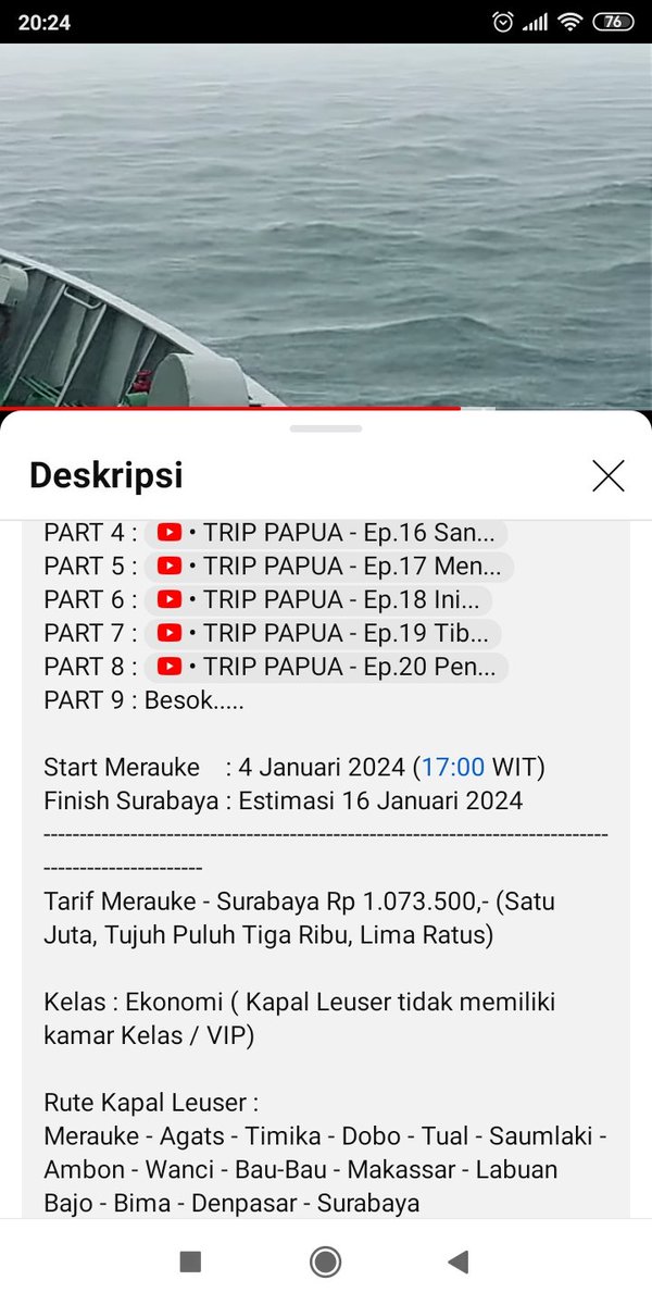Nonton orang naek kapal laut merauke - surabaya dari berbagai view

*Tontonan ngabuburit
*Belajar geografi, ada berapa pulau &amp; pelabuhan yg disinggahi
*Perubahan zona waktu
*1 trip jadi banyak part