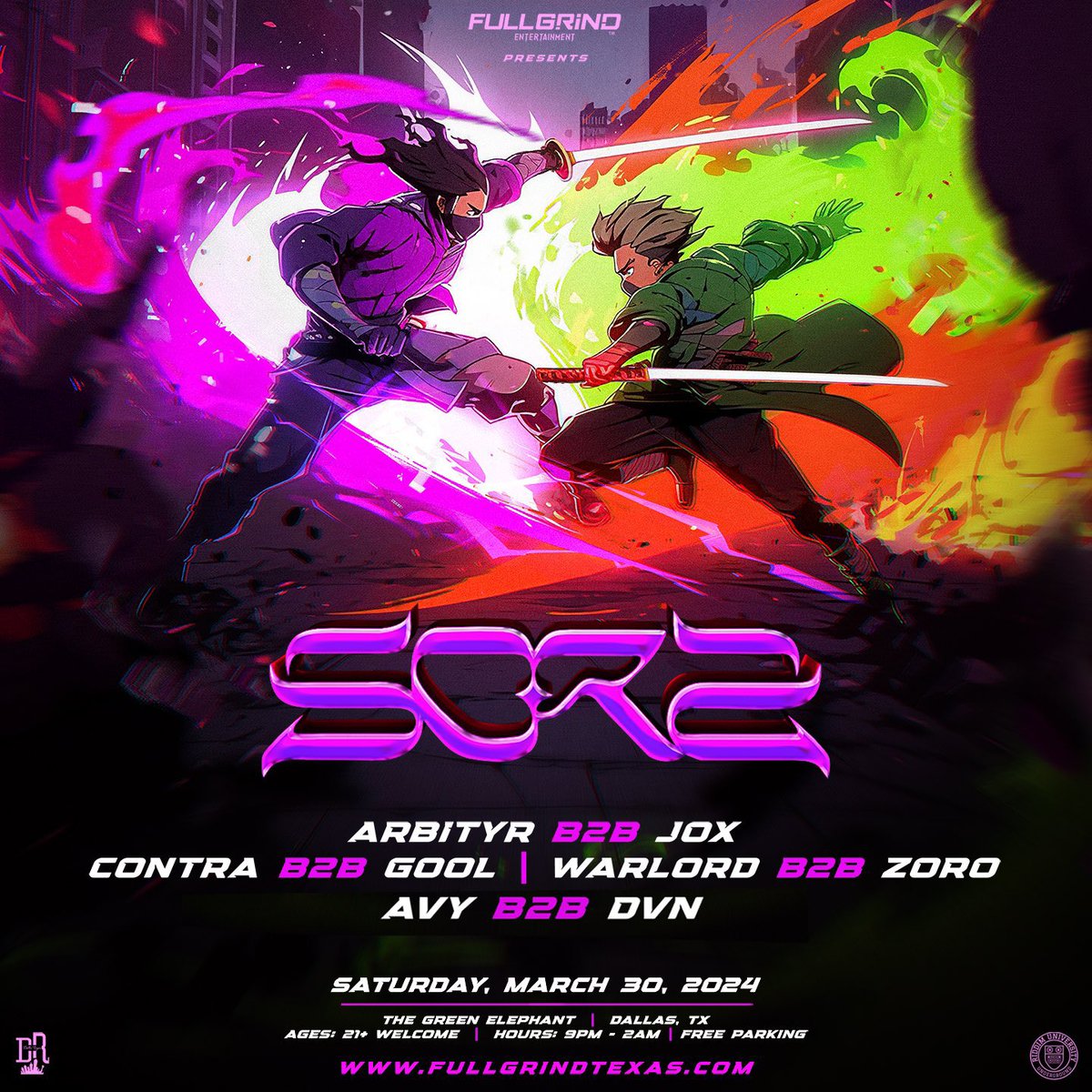 WHO’S COMING OUT THIS SATURDAY??? 👀 SORA // ARBITYR B2B JOX // CONTRA B2B GOOL // WARLORD B2B ZORO // AVY B2B DVN if you still need tickets you can get them here 👉🏻 fullgrindtexas.com