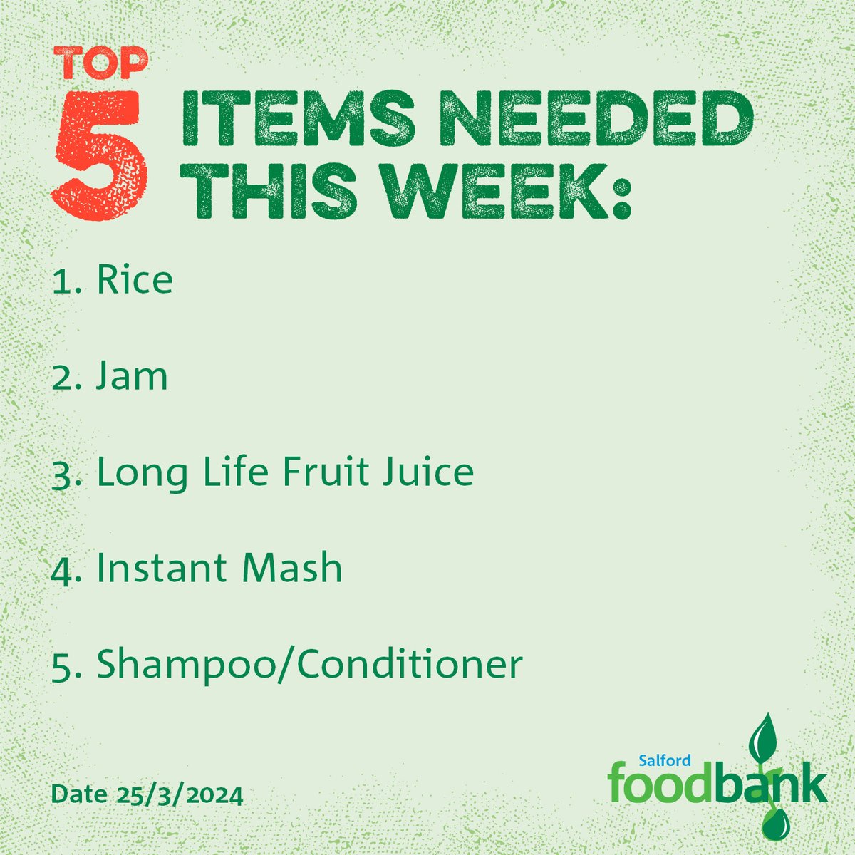 If you are able to donate to Salford Foodbank this week, here are the items we are short of. Donations can be dropped off to our warehouse (4 Kansas Avenue, M50 2GL) or taken to a collection point that you can find at foodgiftbox.co.uk All donations are greatly appreciated!