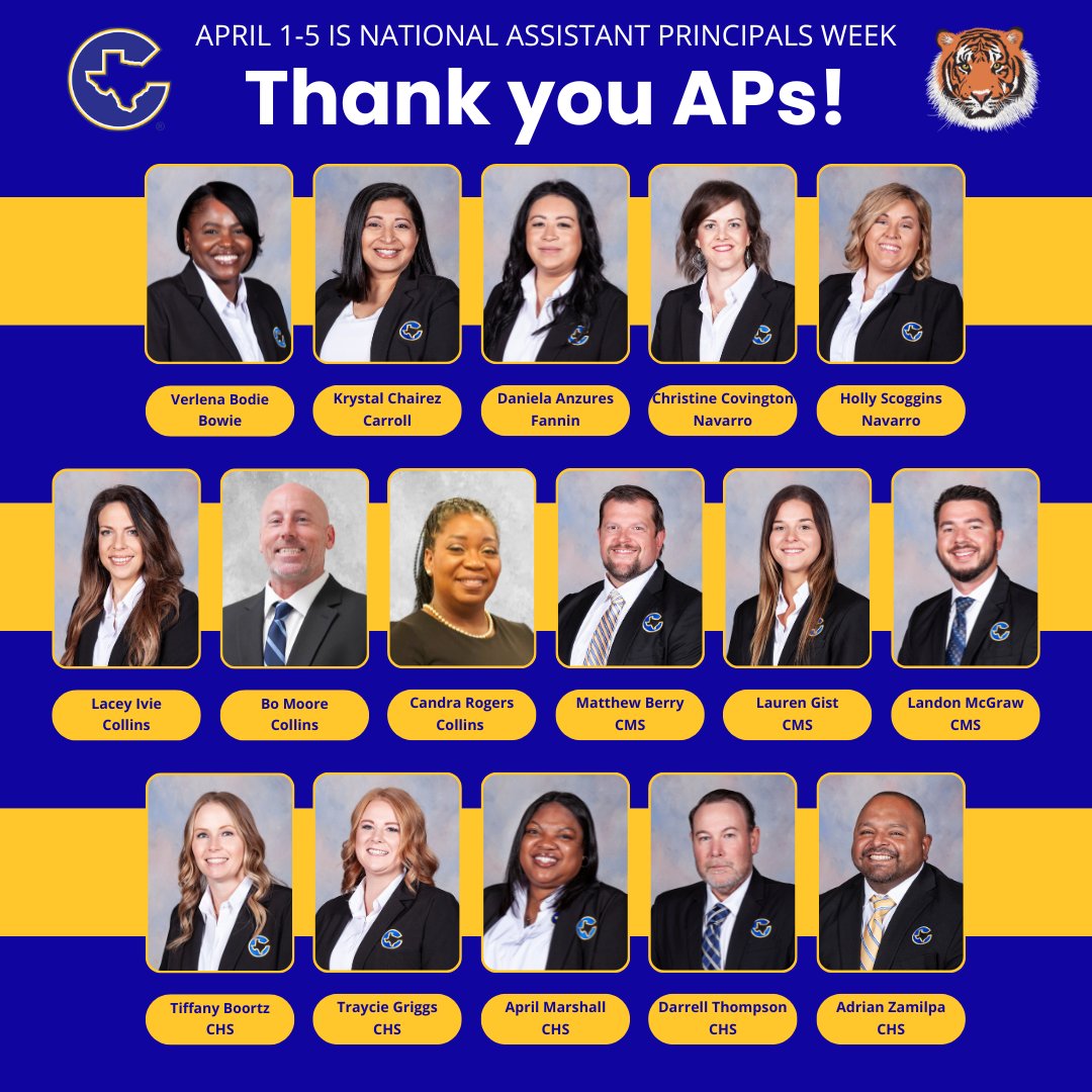 We 👀 you, APs! We are grateful for our outstanding group of Assistant Principals who are a constant presence and guidance for the students of Corsicana ISD. Happy #APWeek24! #EveryTigerEveryDay