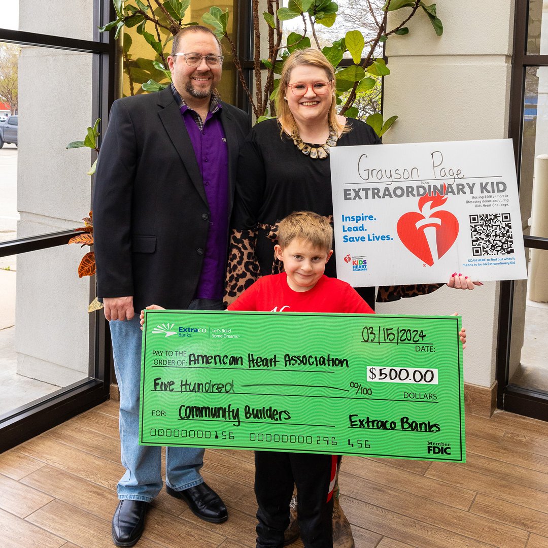 Extraco was proud to recently make a donation and support the Kids Heart Challenge a program through the American Heart Association. It is an honor to get to support great causes and our communities!

#Extraco #WeBuildCommunities