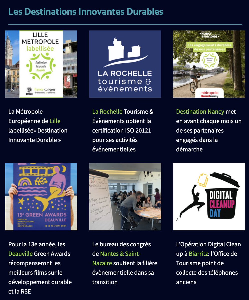 #newsletter : Découvrez les actualités et nouveautés de nos <a href="/DestinaDurables/">Destinations Innovantes Durables</a> :
🌱 <a href="/MetropoleLille/">Métropole Européenne de Lille</a> labellisée <a href="/DestinaDurables/">Destinations Innovantes Durables</a>
🏝️ La Rochelle Tourisme &amp; Evénements certifiée ISO 20121 <a href="/AggloLR/">La Rochelle Agglo</a> 
💡 <a href="/NancyTourisme/">Destination Nancy - office de tourisme</a> met en avant ses partenaires engagés chaque mois
🎥 <a href="/DeauvilleFr/">Deauville</a>