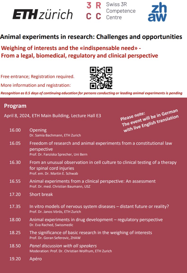 Are you involved in animal experiments in #research? Come to Zurich on April 8th to attend the panel discussion organized at our free workshop between #biomedical and #legal experts who will debate the weighing of interests and «indispensable need». Last chance to register!