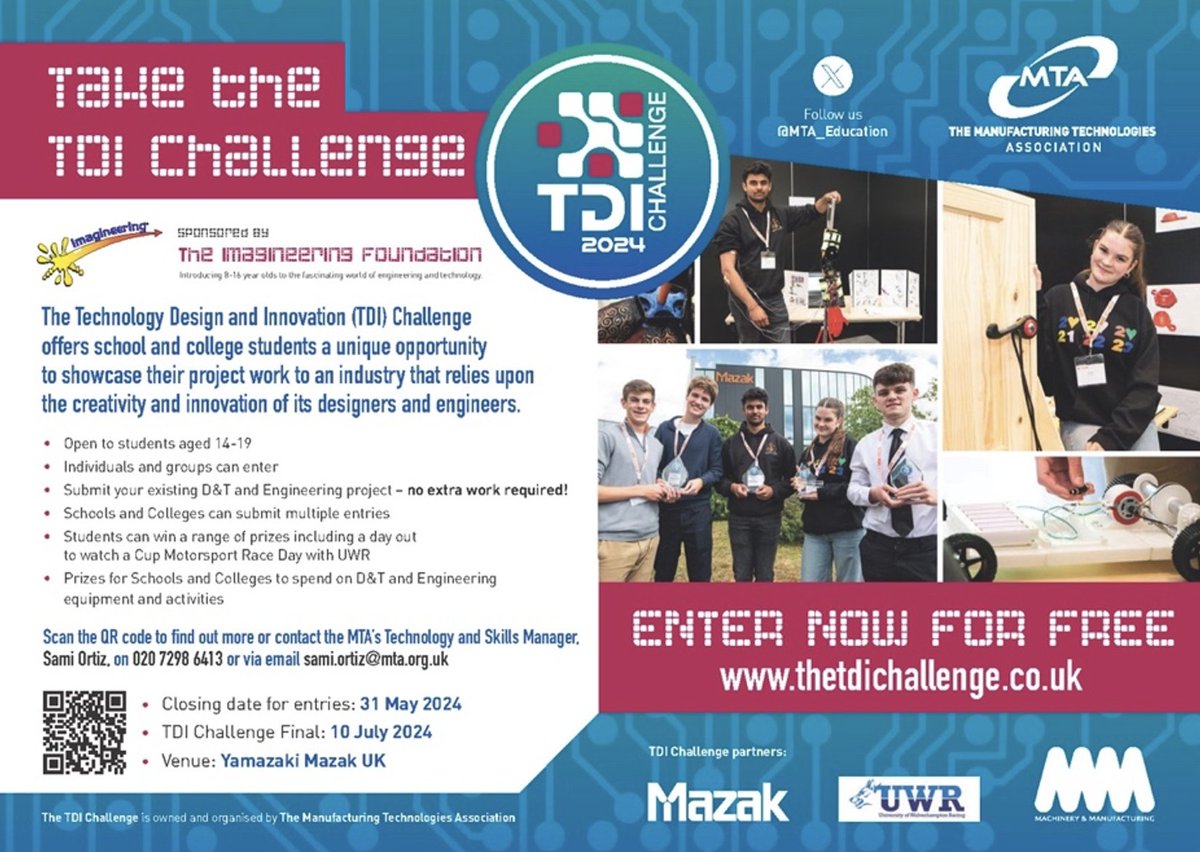 Our TDI challenge is open to students aged 14–19-year-olds ready to demonstrate a new innovative design. This can be an independent project, or a design you have been working on at school – get involved today. Contact sami.ortiz@mta.org.uk for more info.