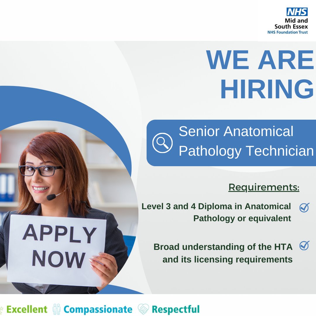 Here is an opportunity for you to join our friendly pathology team as a Senior Anatomical Pathology Technician. 

You will assist in the supervision of staff and participate in all aspects of work in the Broomfield Mortuary. 

Click below to apply!
tinyurl.com/2p4zujwk