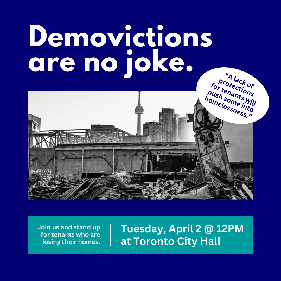 ✊ Join us on Tues, April 2nd at Toronto City Hall at 12PM ✊ in support of motions that City Planning will urge AGAINST passing (that help demovicted tenants and the long-term rental housing stock in Toronto!) Learn more: loom.ly/l9aGbHw #demovictions @MayorOliviaChow