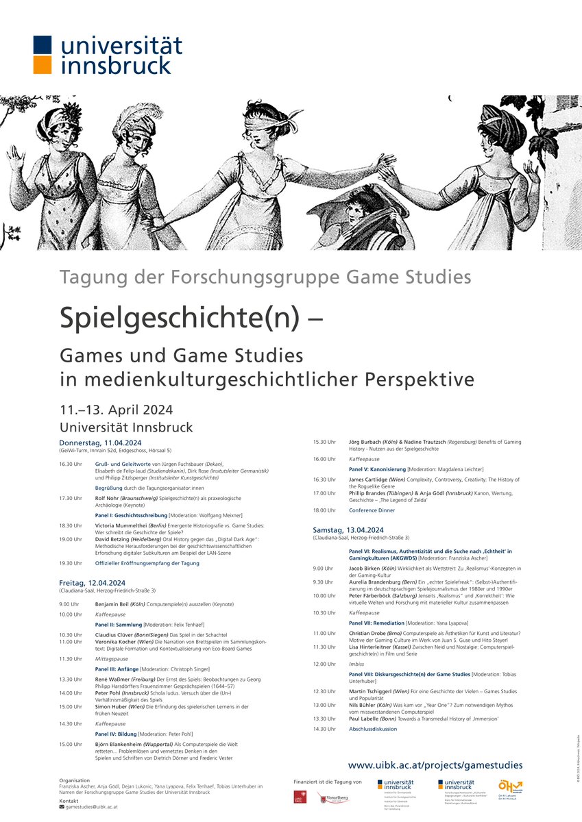 Vom 11. bis 13. April findet an der Universität Innsbruck die Tagung  "Spielgeschichte(n) – Games und Game Studies in  medienkulturgeschichtlicher Perspektive" statt. Ihr seid alle herzlich  eingeladen! #gamestudies