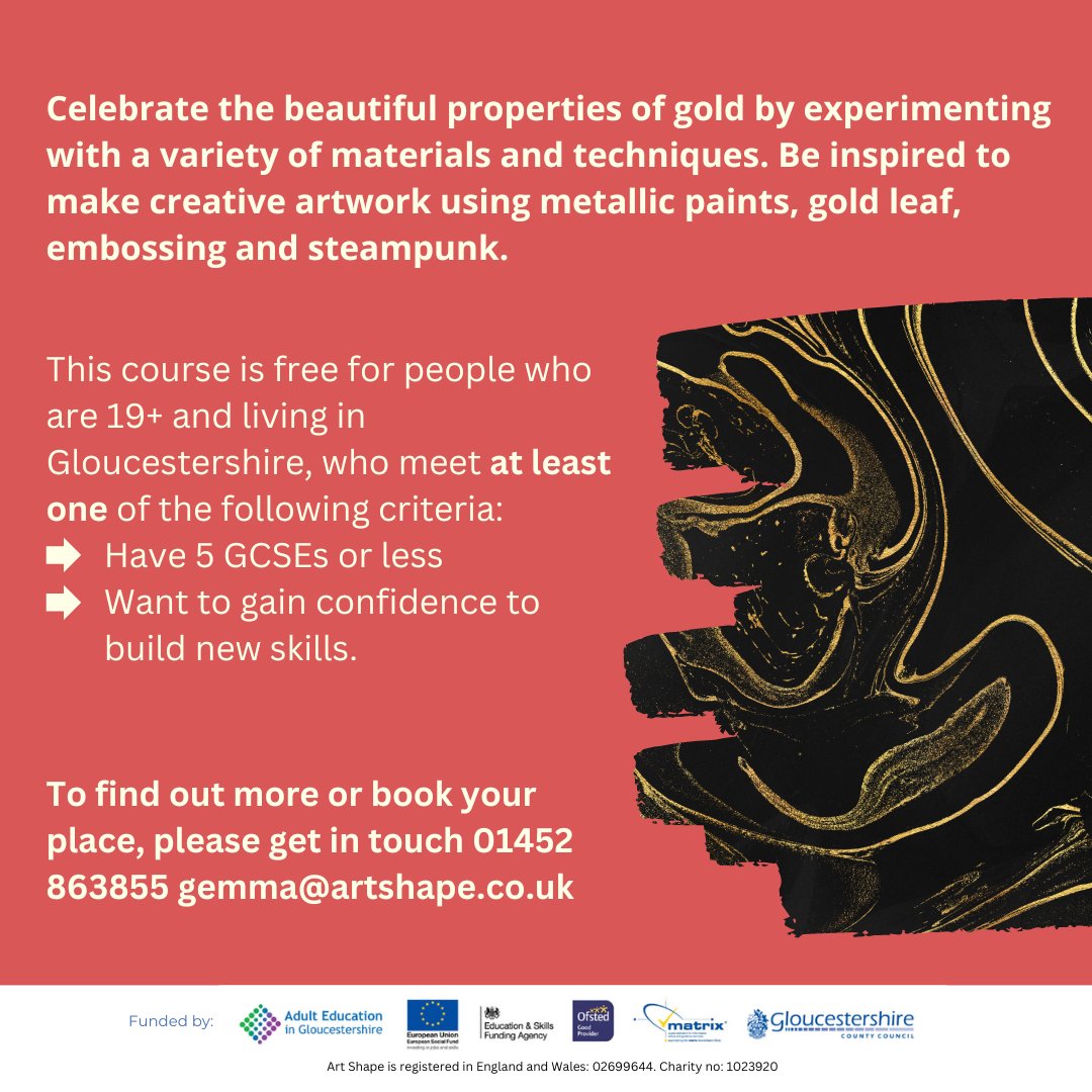 This is a course for Gloucestershire Carers Celebrate the beautiful properties of gold by experimenting with a variety of materials and techniques. Learn Online Tuesdays 7pm to 8pm 01452 863855 / nathan@artshape.co.uk #GlosCarers #Local #Glos #GloucestershireCarers