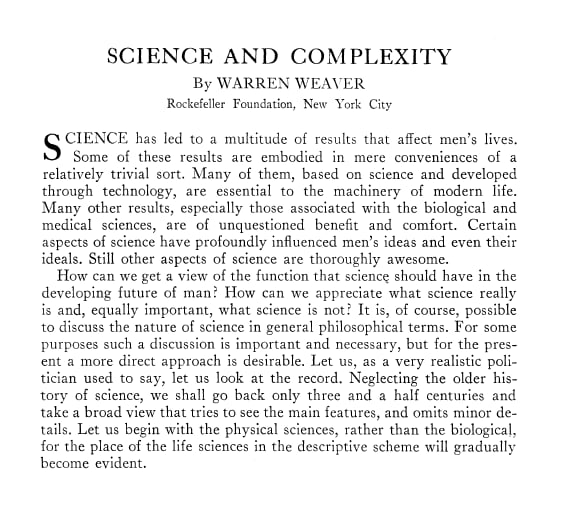 fordynamism's tweet photo. #ComplexityMonday by @filip_lubinski
A 1948 article by Warren Weaver recognised by many as the
beginning of the modern discussion on Complexity.
https://t.co/l4A7yyqkqs https://t.co/e0iOZJRuvw