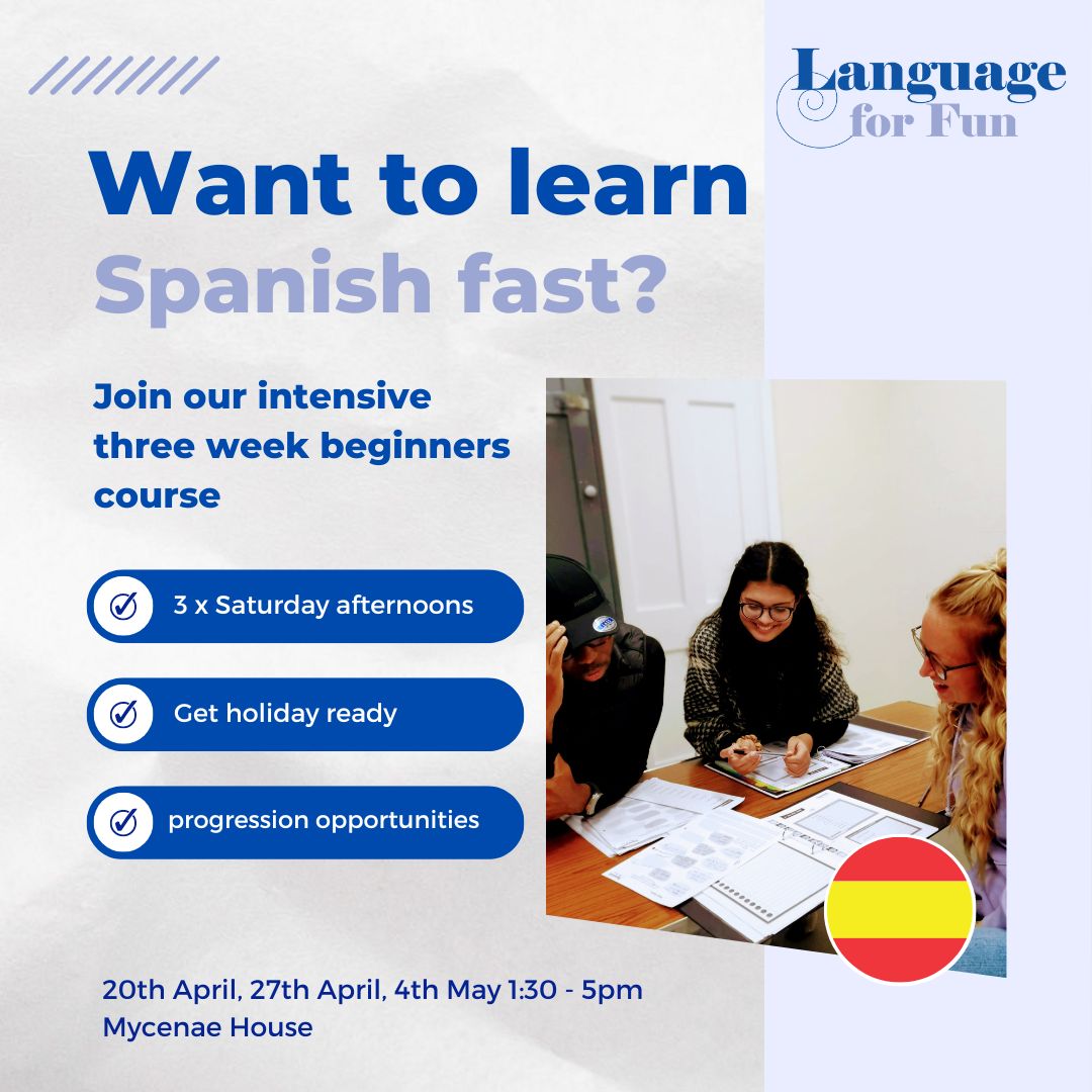 Want to #LearnSpanish fast? Then join @LFFwithLucy intensive three week beginners course here on Saturdays 20th Apr / 27th Apr / 4th May 1.30-5pm. For more info and to book visit languageforfun.org/courses/summer… #InPerson #LanguageClass #Spanish #Blackheath #Greenwich