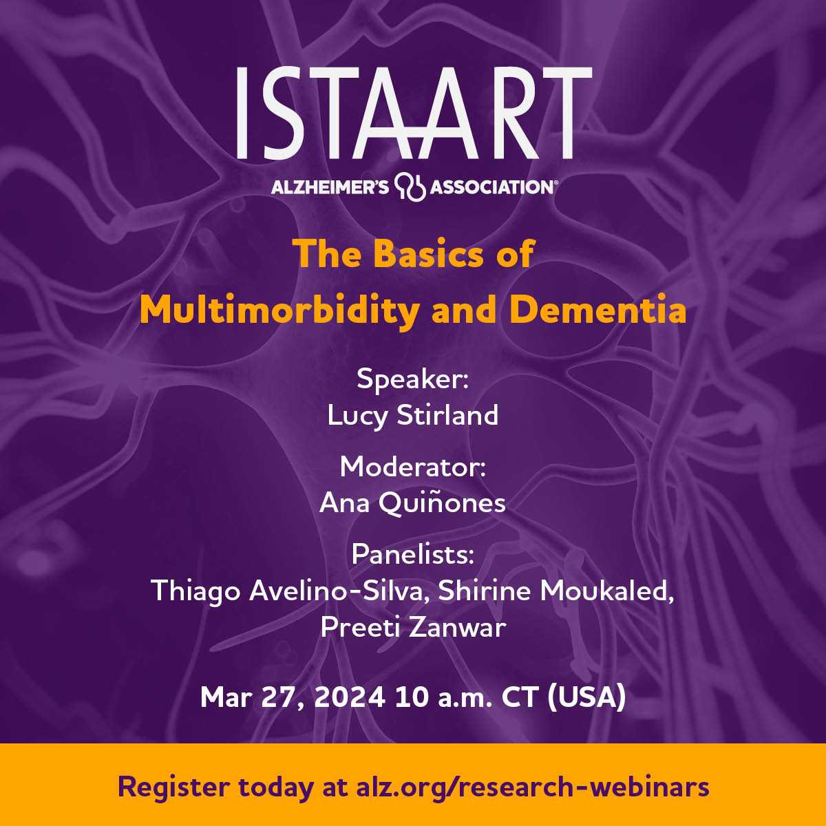 Most people with #dementia have #multimorbidity. Learn more at our @ISTAART Basics webinar 📅 This Wednesday at 3pm GMT (will be recorded) 📝 Registration (free for @ISTAART members): alz.org/research-webin… Hope to see you there!