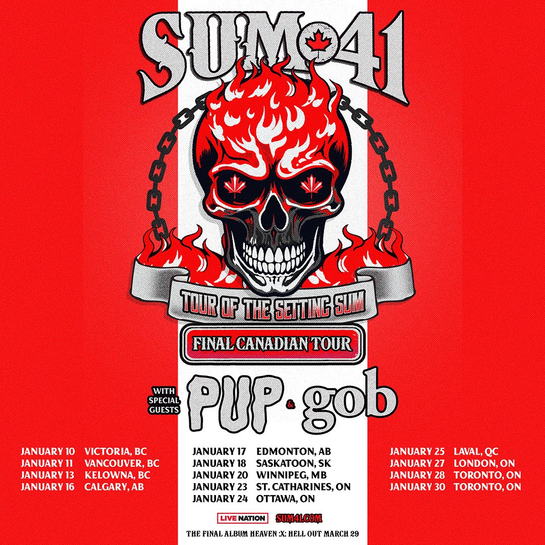 We're coming home for the FINAL dates of the Tour Of The Setting Sum! That's right, the last Sum 41 shows will be all across Canada, ending with two nights in Toronto on Jan 28th & 30th. Canada skumfuks, get presale tickets Tuesday, March 26 @ 10 AM local time using password…