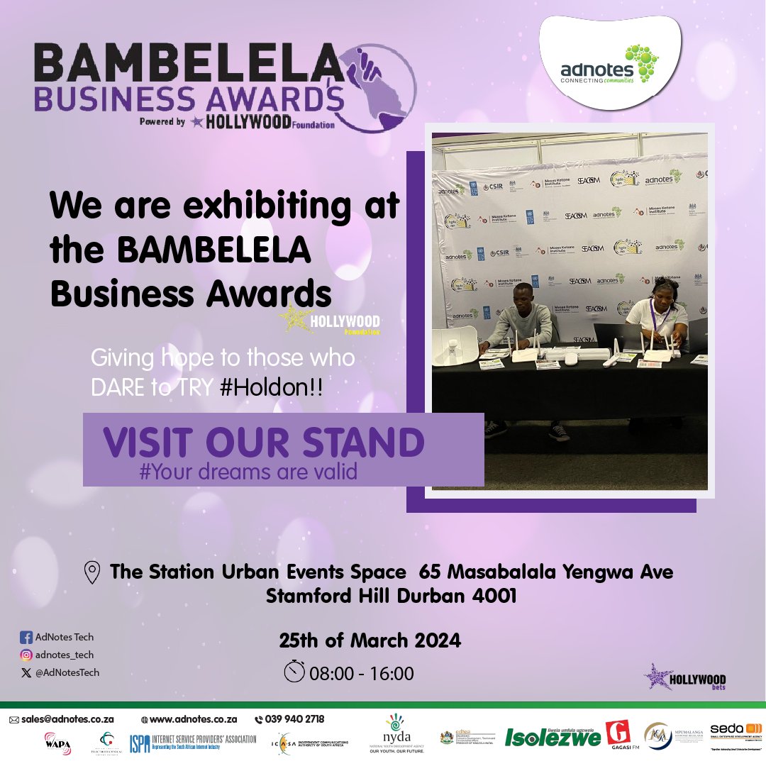 Empowering through Innovation: Join us at the Bambelela Business Awards as we showcase our SMME's transformative connectivity solutions, creating opportunities and driving change one connection at a time. 📷 VISIT OUR STAND TO LEARN MORE! #holdon #AdNotes #YOURDREAMSAREVALID!