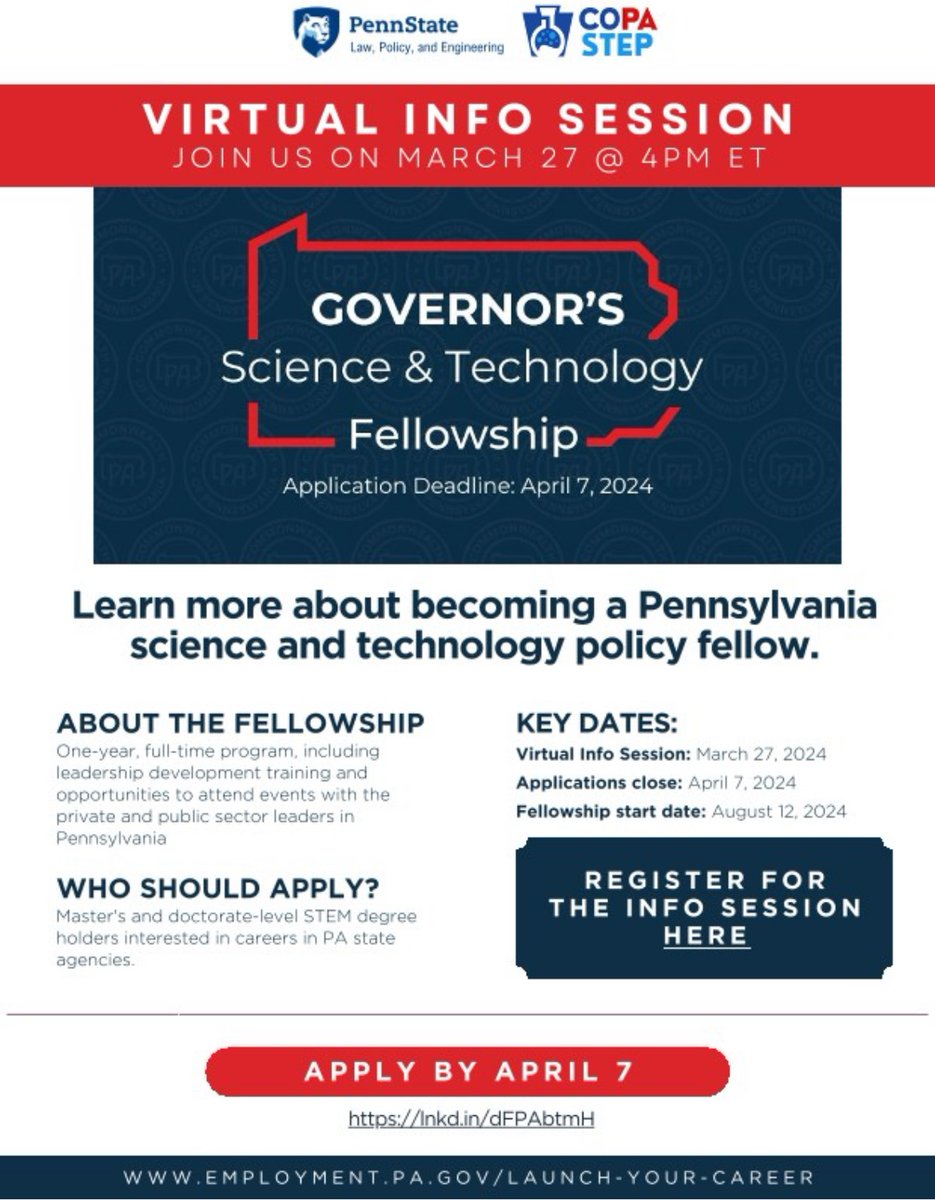 I am thrilled to see @GovernorShapiro announce the Science & Tech Fellowship to bring more #STEM expertise to PA gov’t 🔭🪸🌿🚲🛠️

Join us for an info session about the newest state #SciPol Fellowship! 

➡️ Wed. March 27 at 4pm ET

Register here: psu.zoom.us/meeting/regist…