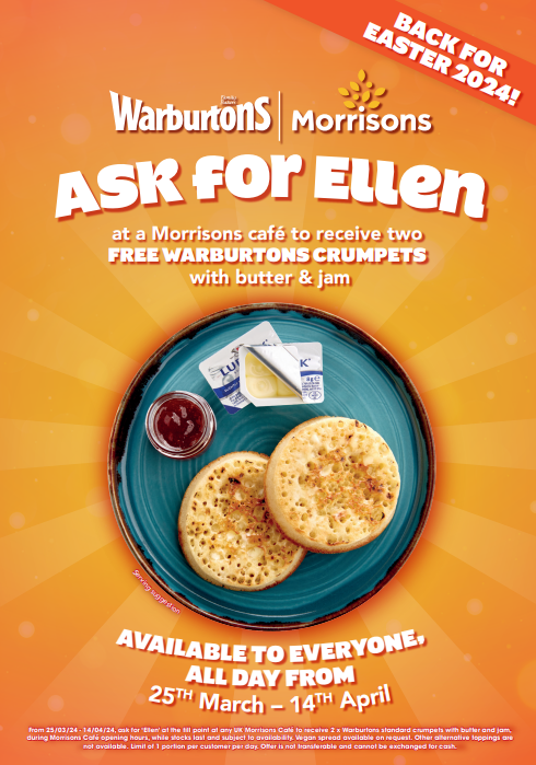 'Ask for Ellen' is back this Easter holiday! 🍴🐰 From 25th March - 14th April, anyone can visit any @Morrisons cafe and receive 2 @Warburtons crumpets with butter and jam for free - no questions asked. 🍞🧈 Spread the word to anyone who may benefit from this initiative 🫶