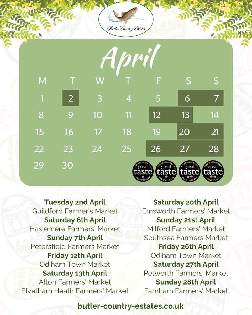 Find us this April! Save and Share for later reference! We look forward to seeing you this month! 💚🌷🐟🌻🎣 #freshtrout #smokedtroutpate #smokedfish #smallbusiness #supportlocal #buylocal #localproduce #food #instafood #foodie #delicious #foodlover #foodproducers