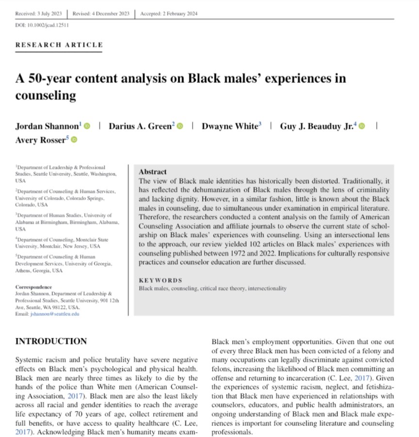 Ever been curious about what the counseling profession publishes about Black males? If so, then we have a source for you! Written for us and by us with @AbolitionDoc and Dr. Dwayne White and soon-to-be Drs. Guy J. Beauduy Jr and Avery Rosser onlinelibrary.wiley.com/share/author/9…