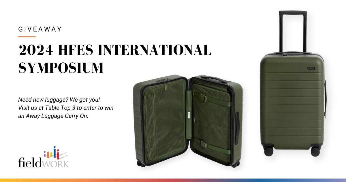 fieldworkinc's tweet image. Ready for a chance to win an Away Carry On? Visit Table Top 3 at the 2024 @HFES Health Care Symposium, connect with Fieldwork, and enter our giveaway! Your future research adventures just got upgraded. See you there! 
#HFESHCS #FaceToFaceMRX #mrx