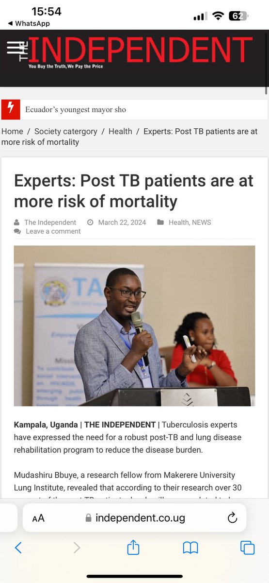 On Wednesday 27, 🇺🇬 will be celebrating the #WorldTBDay2024 in Isingiro district Research done at the @Lung_Institute has showed that post TB patients are 15times more at risk of early mortality compared to the general popn This is due to chronic conditions following TB care