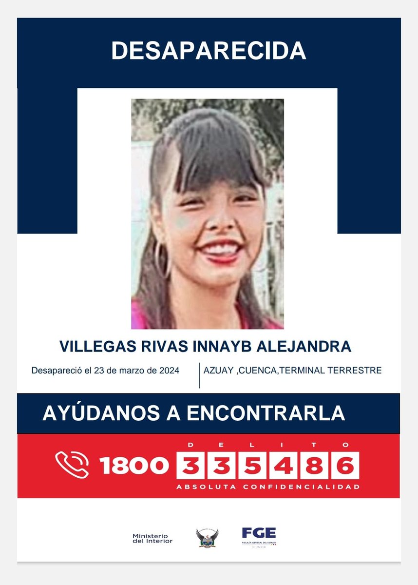 ‼️#URGENTE
Las hermanas Innayb Alejandra Villegas Rivas y Denielis Liseth Piña Villegas están reportadas como desaparecidas. Fueron vistas por última vez el 23 de marzo de 2024 en la terminal terrestre de #Cuenca. Si tienes información sobre su paradero, comunícate con las