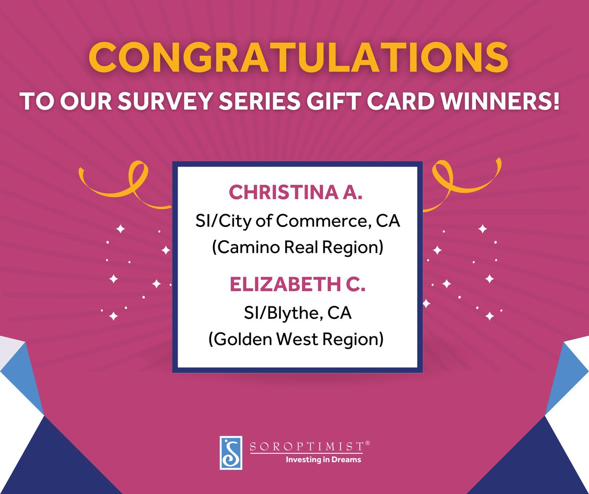 Congratulations to Christina A. (SI/City of Commerce, CA, Camino Real Region) and Elizabeth C. (SI/Blythe, CA, Golden West Region) for winning our SIA Survey Series gift card prize! Thanks to everyone who participated in our survey series—your feedback is invaluable!  💗