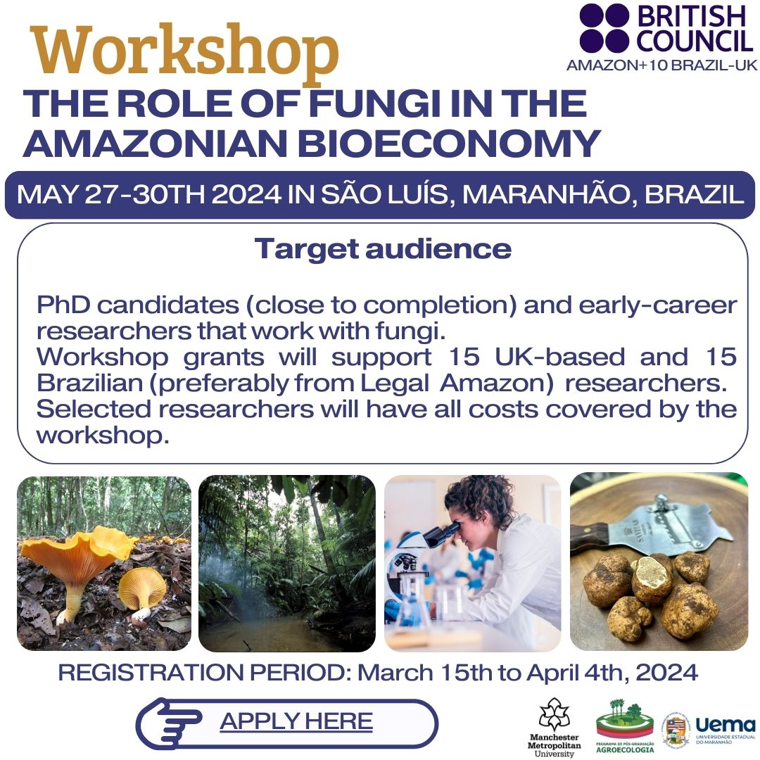 Workshop on 'The role of Fungi in the Amazonian Bioeconomy' in Maranhão, Brazil, 27-30 May. Support for up to 15 #PhD candidates and early-career #researchers from the UK to attend. Register here: forms.gle/dgAkzYSUPMnk51… #fungi #mycology #research