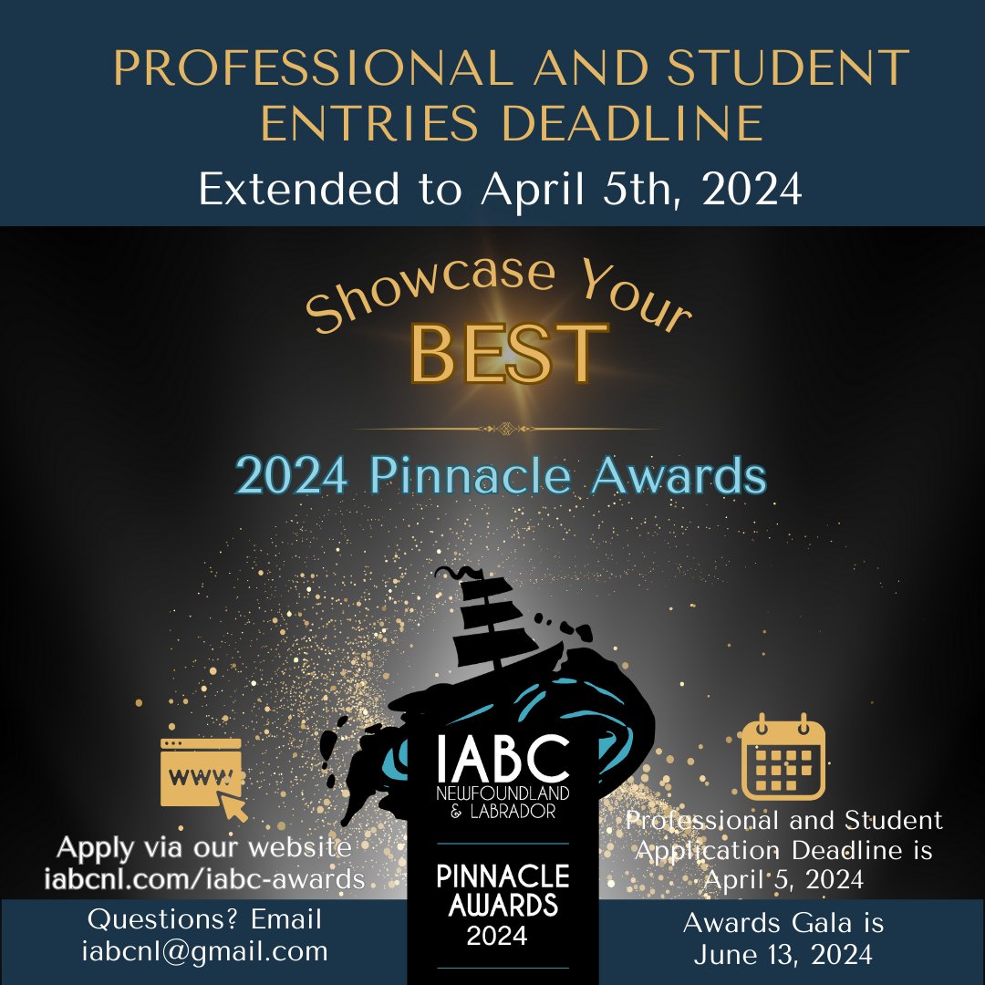 ✨The 2024 Pinnacle Awards Call for Entries has been extended! You now have until Friday, April 5, 2024, to submit your professional  and student work. ✨  

For more information about the Pinnacle Awards application process, visit ➡️ iabcnl.com/iabc-awards/