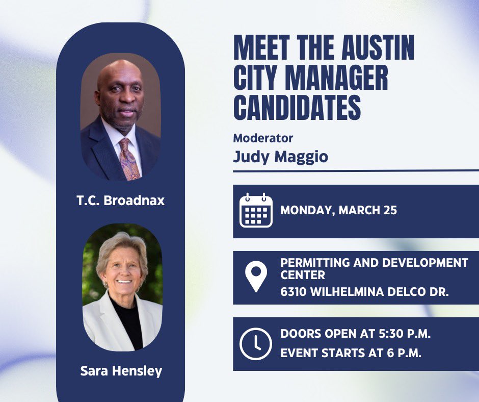 Meet + hear from the two candidates being considered for Austin’s next City Manager today at 6 p.m. 📍 Permitting and Development Center (6310 Wilhelmina Delco Dr.) 📲 Watch live online: bit.ly/3sjJn9C 👉 Learn more: SpeakUpAustin.org/CityMgr-Candid…