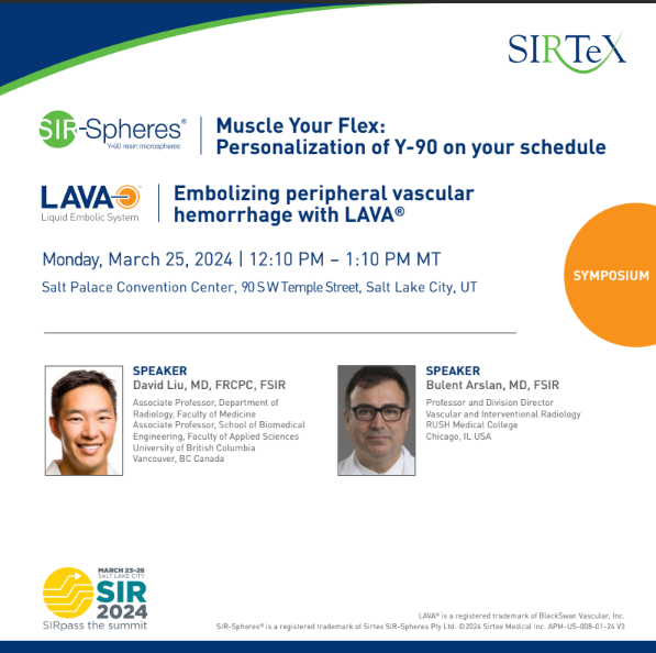 Are you attending #SIR24SLC? Join us from 12:10pm - 1:10pm MT as Dr. @iryvr discusses #Y90 personalization for your schedule and Dr. @arslanmd discusses embolizing peripheral vascular hemorrhage with the LAVA® liquid embolic system. @SIRspecialist