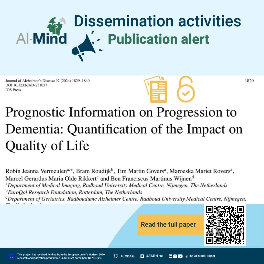 🧠In a recent publication, @AIMind_eu researchers included outcomes of a discrete choice experiment investigating how receiving a #dementia risk prediction affects the quality of life. Would you like to know your risk of developing dementia? 👇Read the full paper