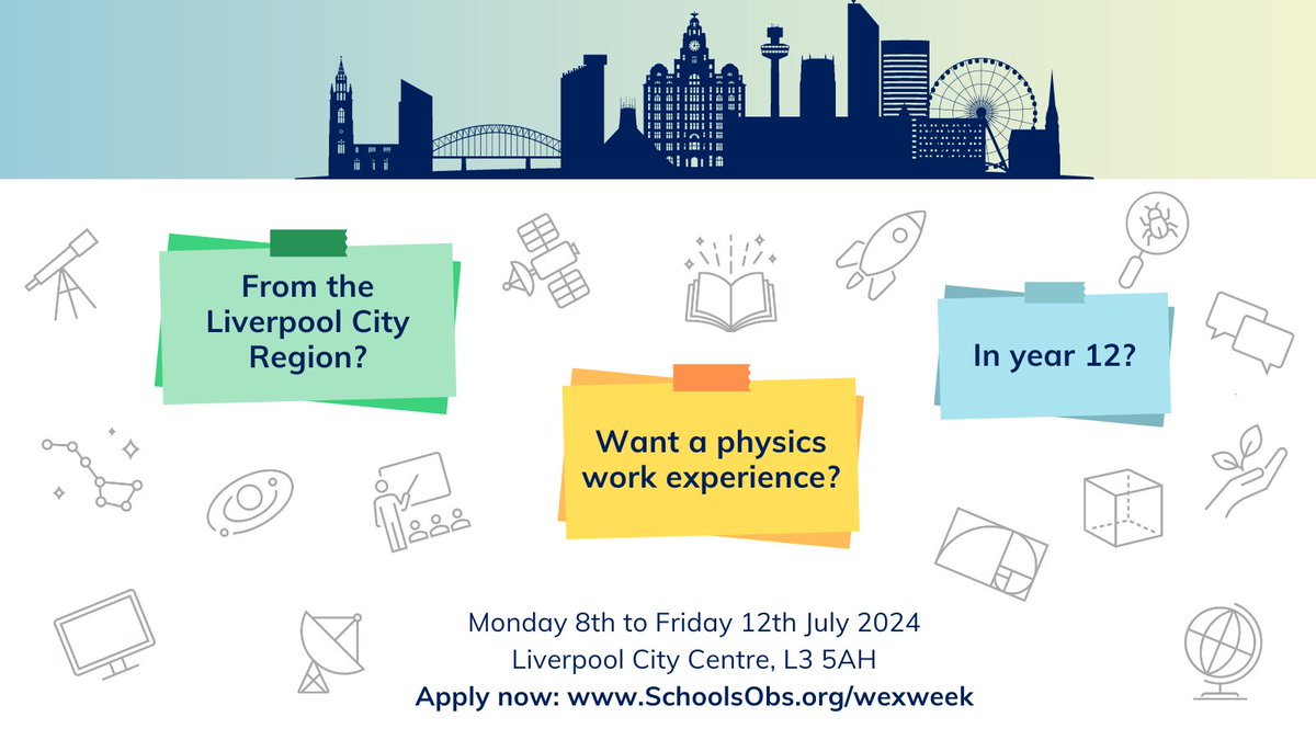 Are you in year 12 (or equivalent) and from the Liverpool City Region? Why not apply for our physics work experience week this summer?

Applications are only open until Monday 15th April 2024, apply now!

schoolsobservatory.org/wexweek

#Liverpool #WorkExperience #Physics