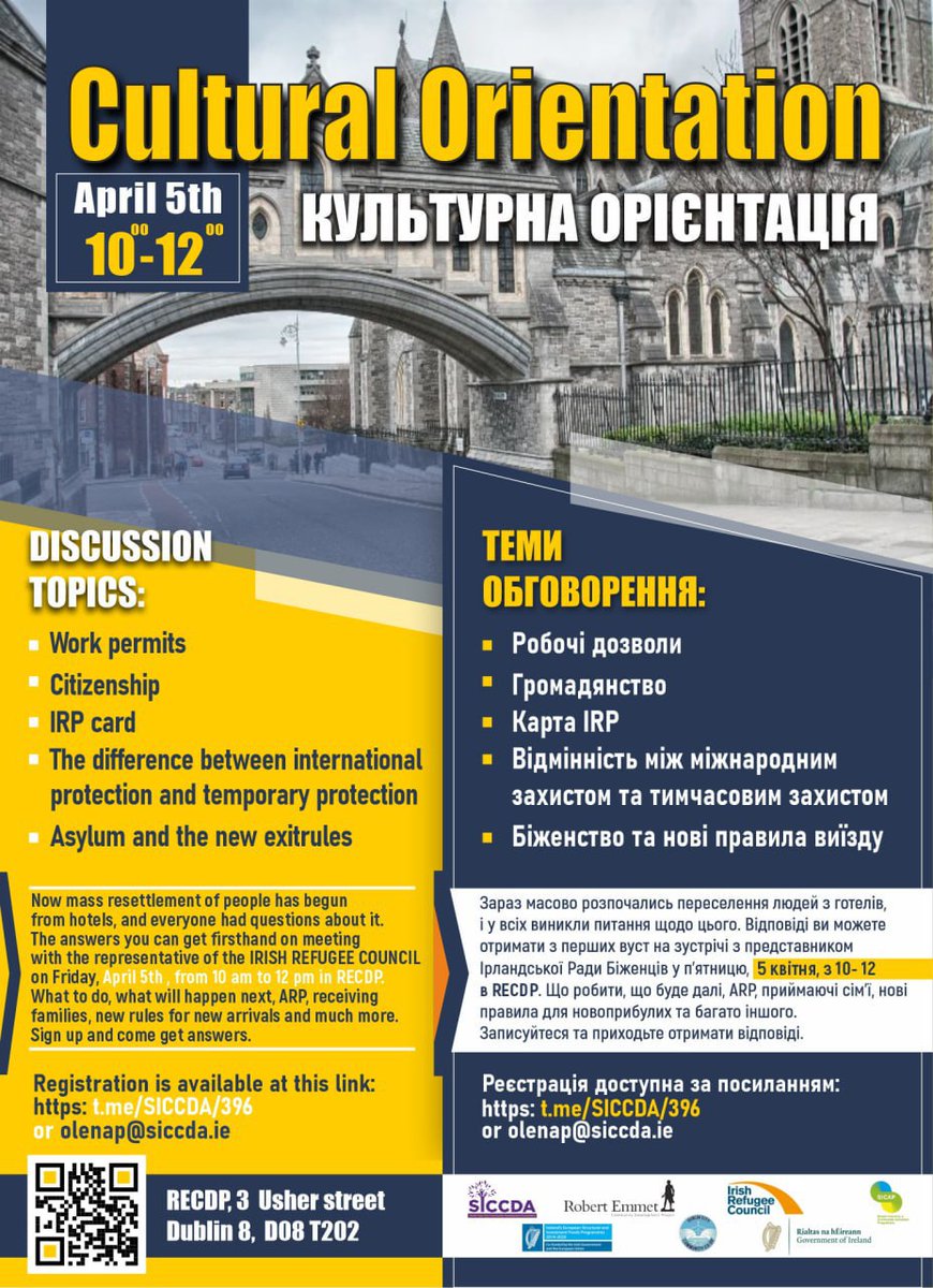 Cultural Orientation Information Session Friday, April 5th Robert Emmet CDP, 3 Usher Street, Dublin 8. 10am - 12pm Please register for this event via the link: t.me/SICCDA/396 Or email olenap@siccda.ie